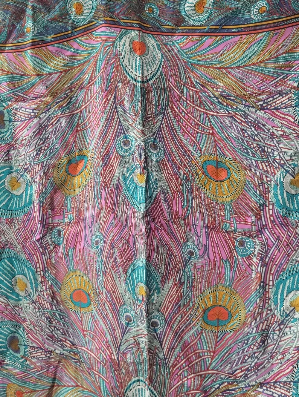 Liberty Of London Vibrant Peacock Feather Print Silk Scarf - Pink & Teal